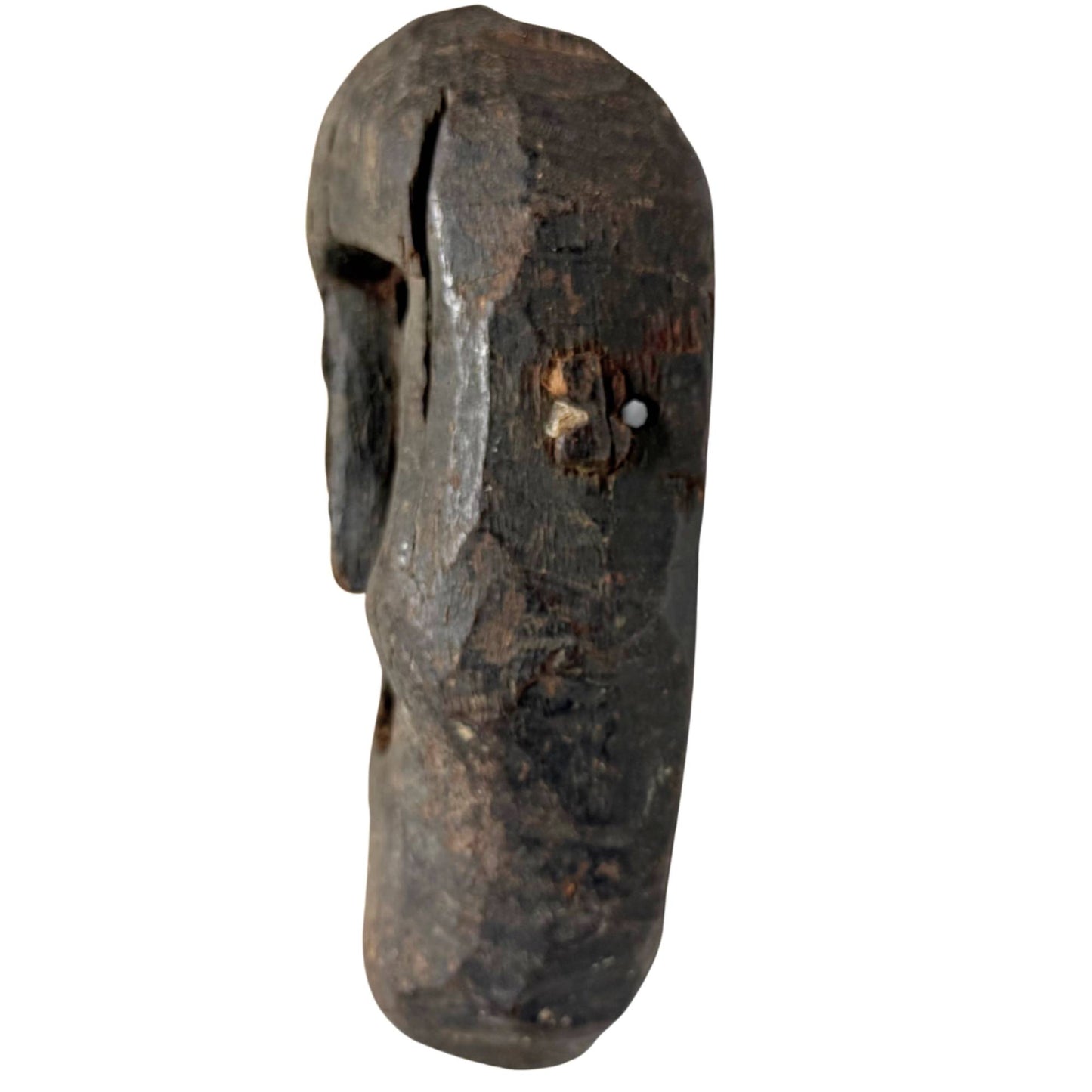 Antike Himalaya-Maske mit originalen Befestigungslöchern, dunkle Holz-Schamanenmaske mit alten Gebrauchsspuren
