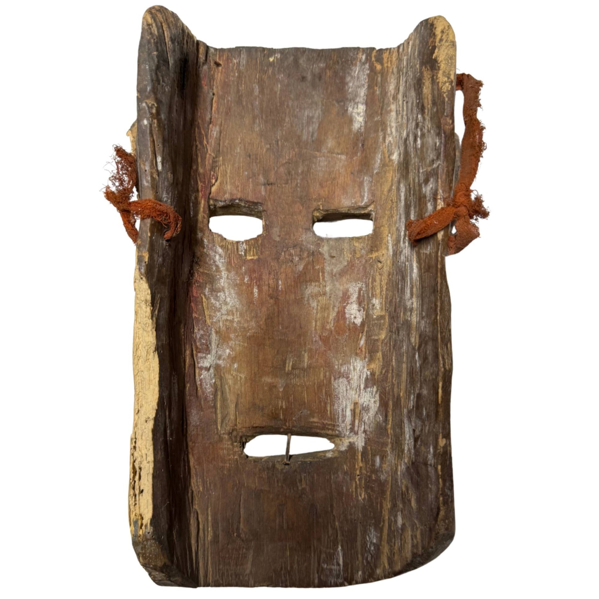 Antike Himalaya-Maske mit original handgemalter schwarzer Bartlinie, alte hölzerne Ritualmaske mit tiefer Patina