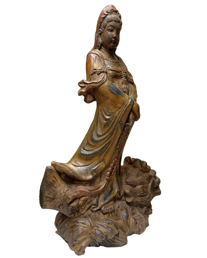 Monumentale antike hölzerne Guanyin auf Drachen - 81 cm - Qing-Dynastie