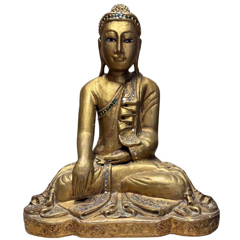 Antike Buddha-Statue aus Holz, Mandalay, Burma, vergoldet