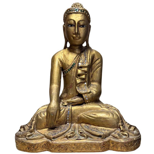 Antike Buddha-Statue aus Holz, Mandalay, Burma, vergoldet