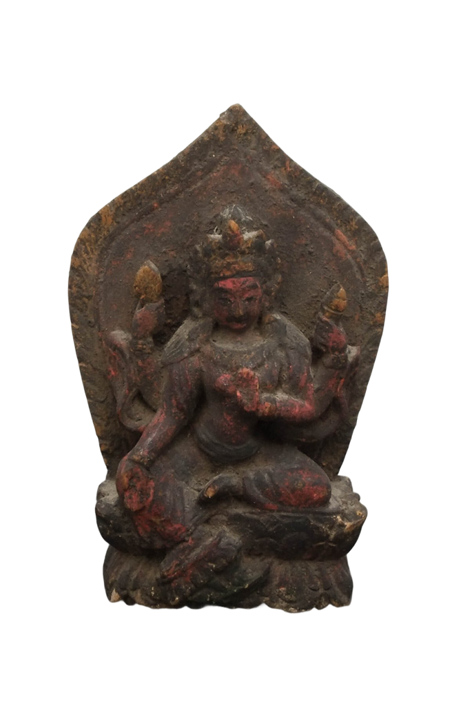 Antike Tara-Statue aus Holz aus dem Himalaya, 19. Jahrhundert, buddhistische Andachtsstatue mit originaler Patina