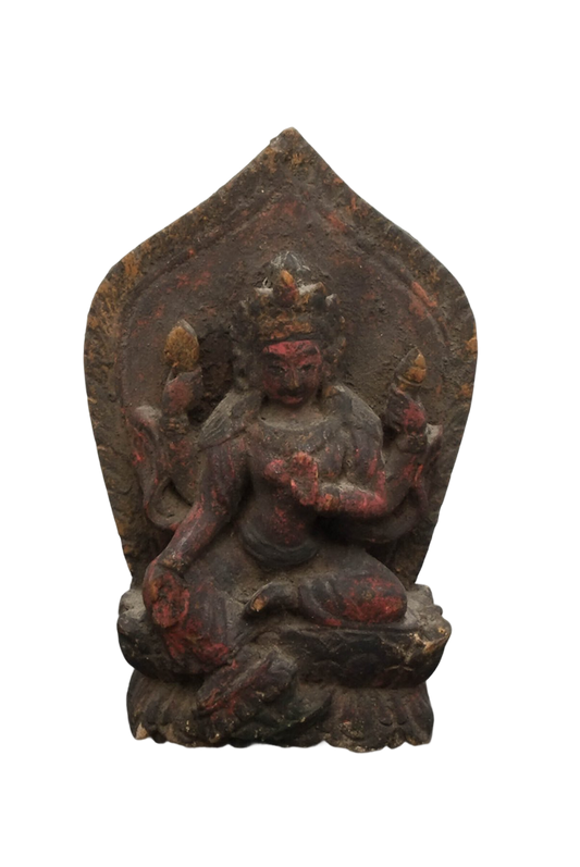 Antike Tara-Statue aus Holz aus dem Himalaya, 19. Jahrhundert, buddhistische Andachtsstatue mit originaler Patina