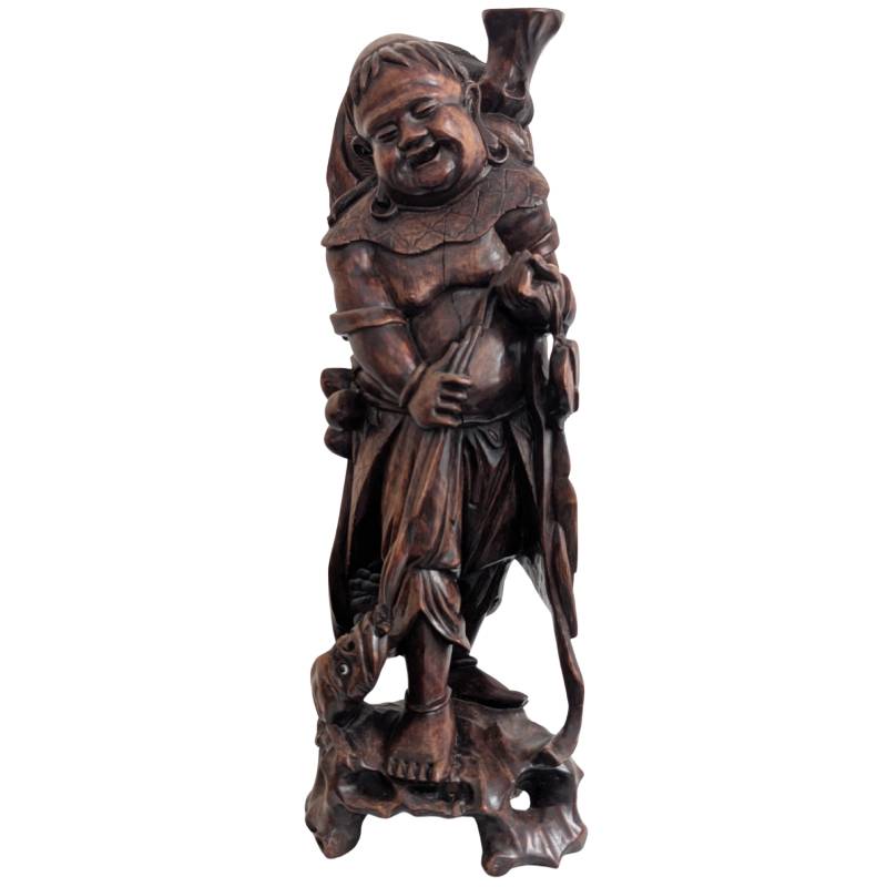 Antike japanische Ebisu-Statue aus handgeschnitztem Rosenholz, frühes 20. Jahrhundert