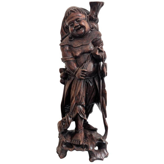 Antike japanische Ebisu-Statue aus handgeschnitztem Rosenholz, frühes 20. Jahrhundert
