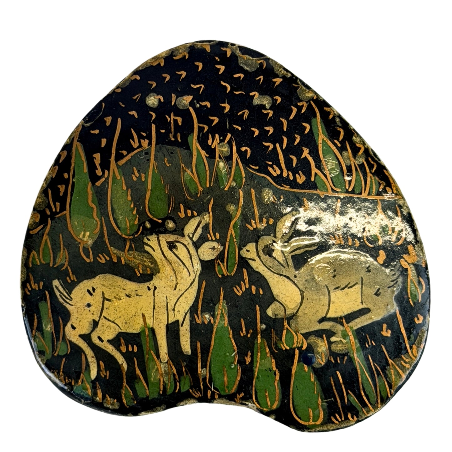 Antike Kashmir-Lackdose mit floraler Ornamentik und Hirschdekor