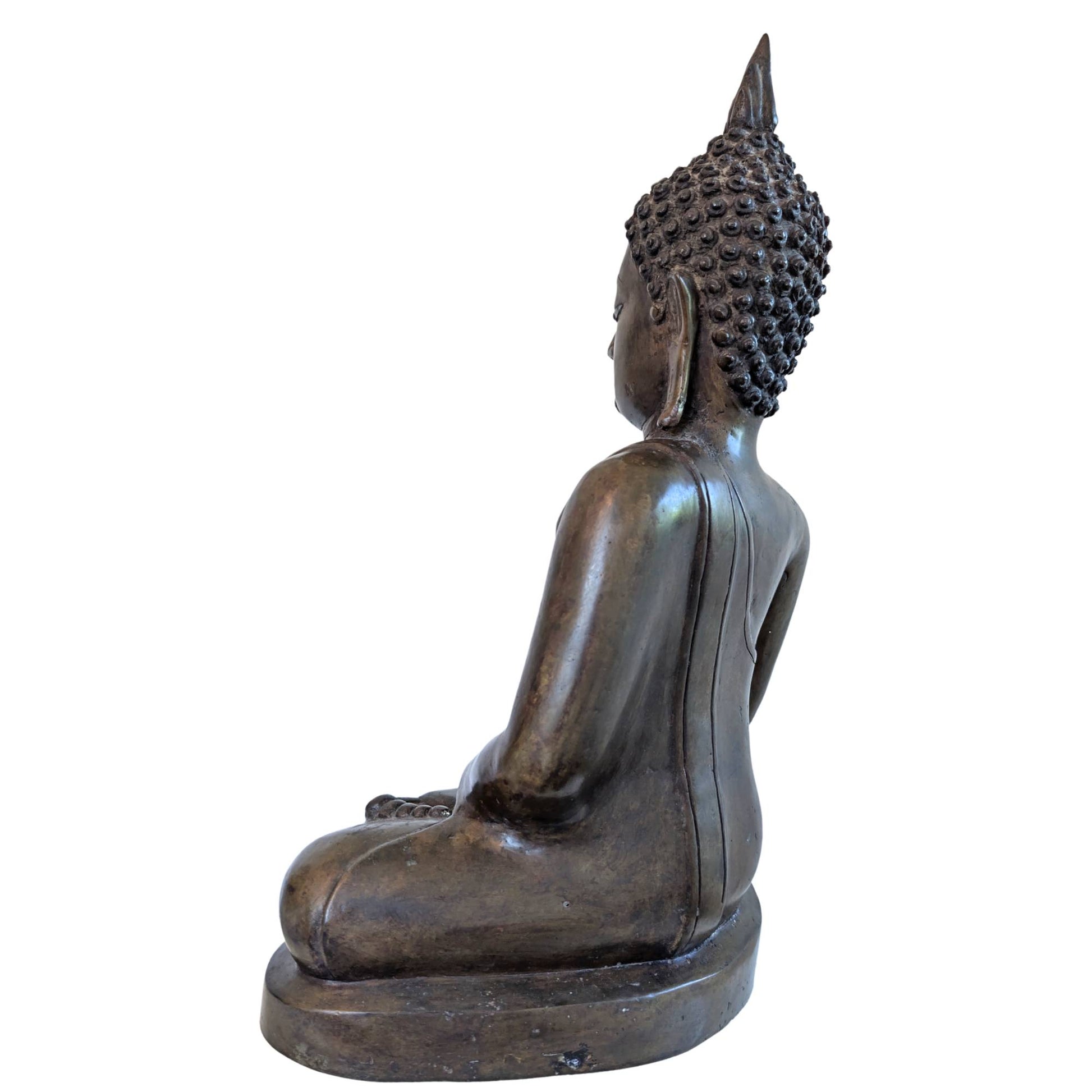 Große antike laotische Buddha-Statue aus feuervergoldeter Bronze mit Elfenbeineinlagen