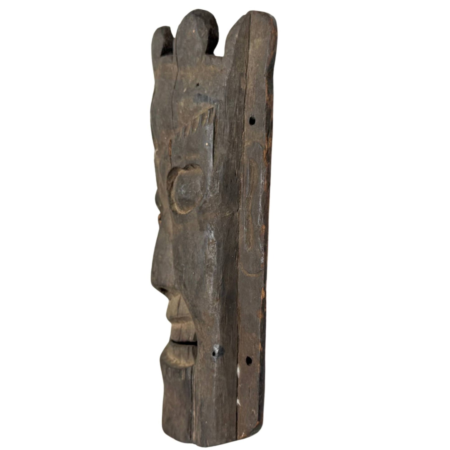 Antike nepalesische Maske als ausdrucksstarkes Interieur-Objekt, hölzerne Himalaya-Kunst mit dunkler Patina
