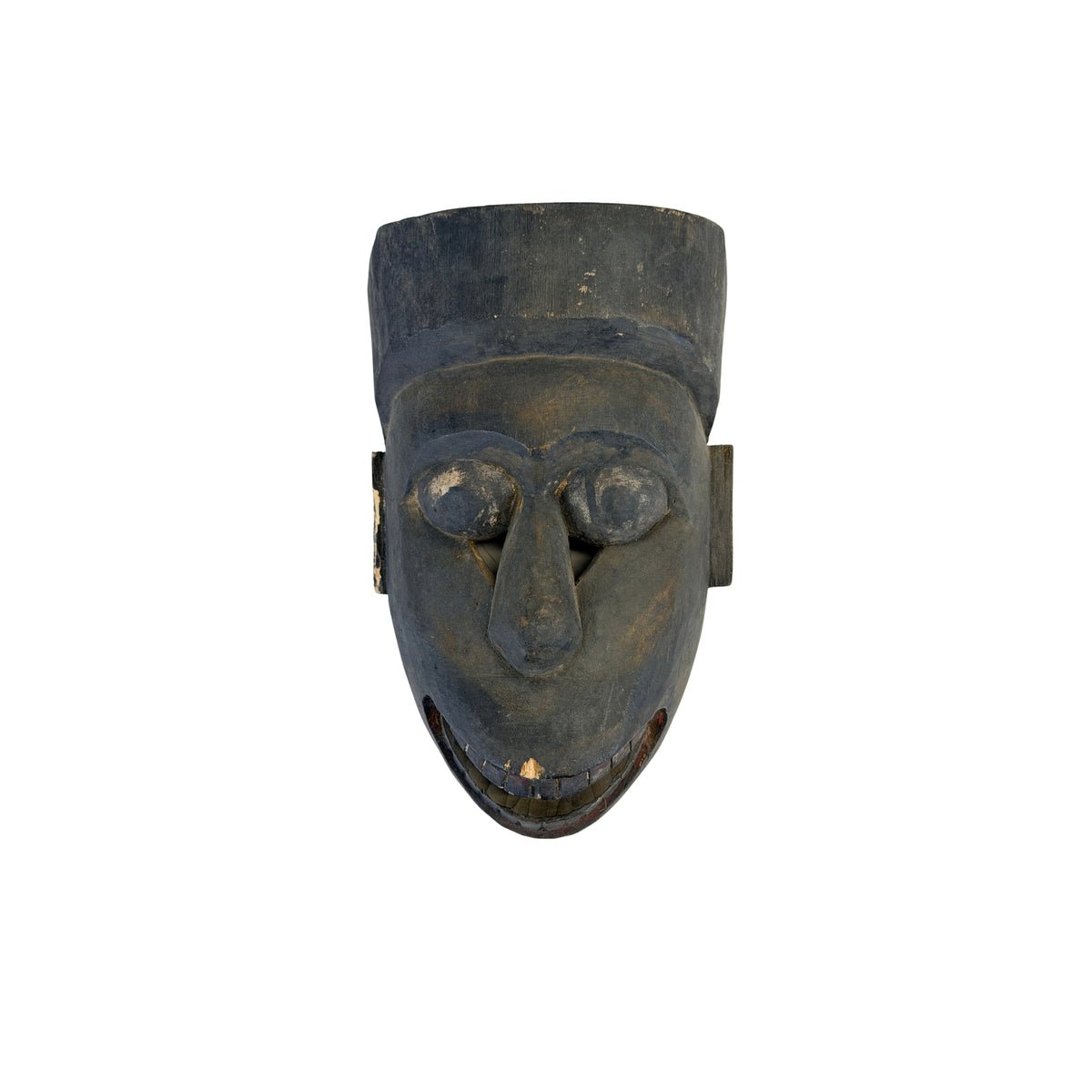 Antique Nepalese wooden shamanic mask with large eyes and broad mouth, front view