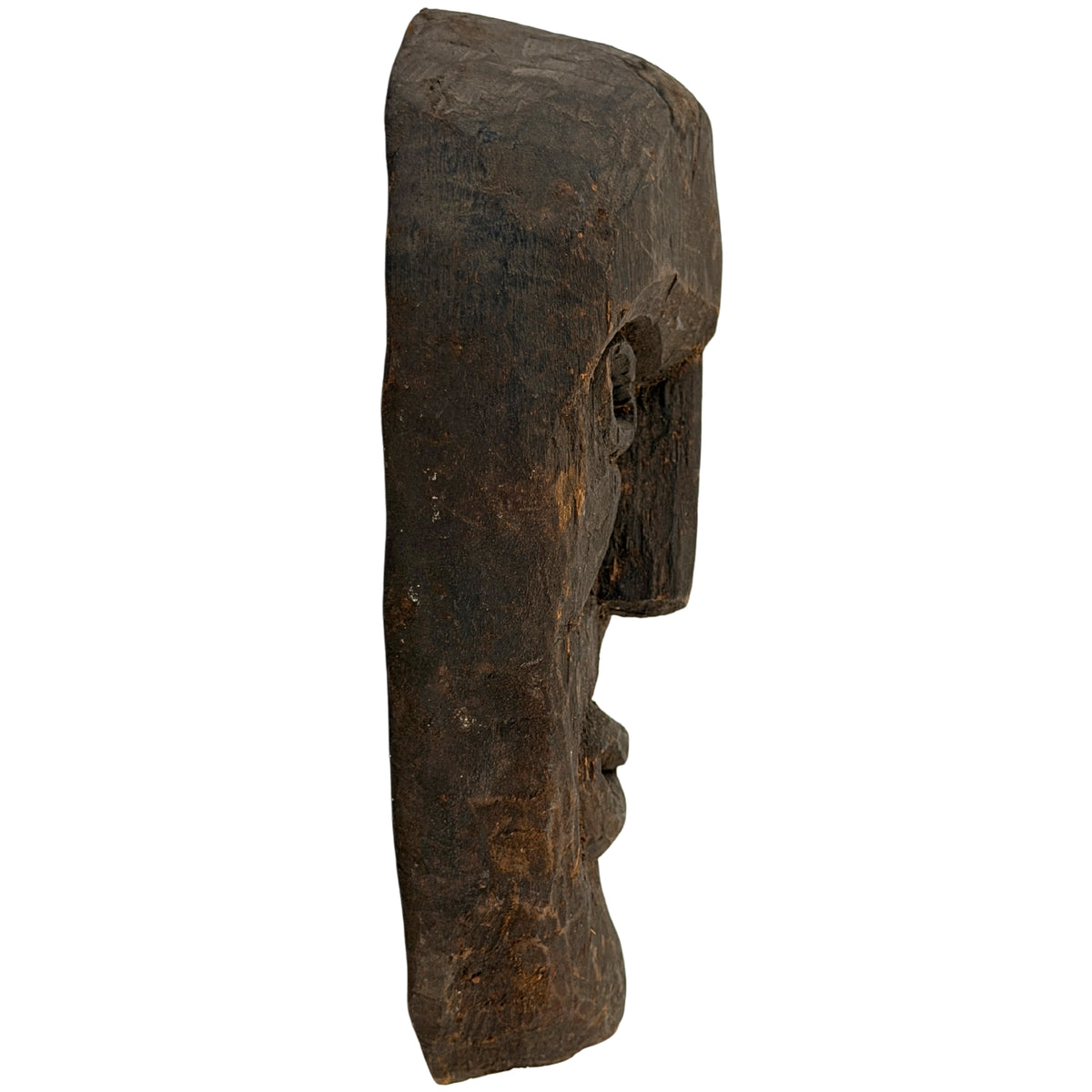 Side view of the antique Nepalese wooden mask from the Middle Hills