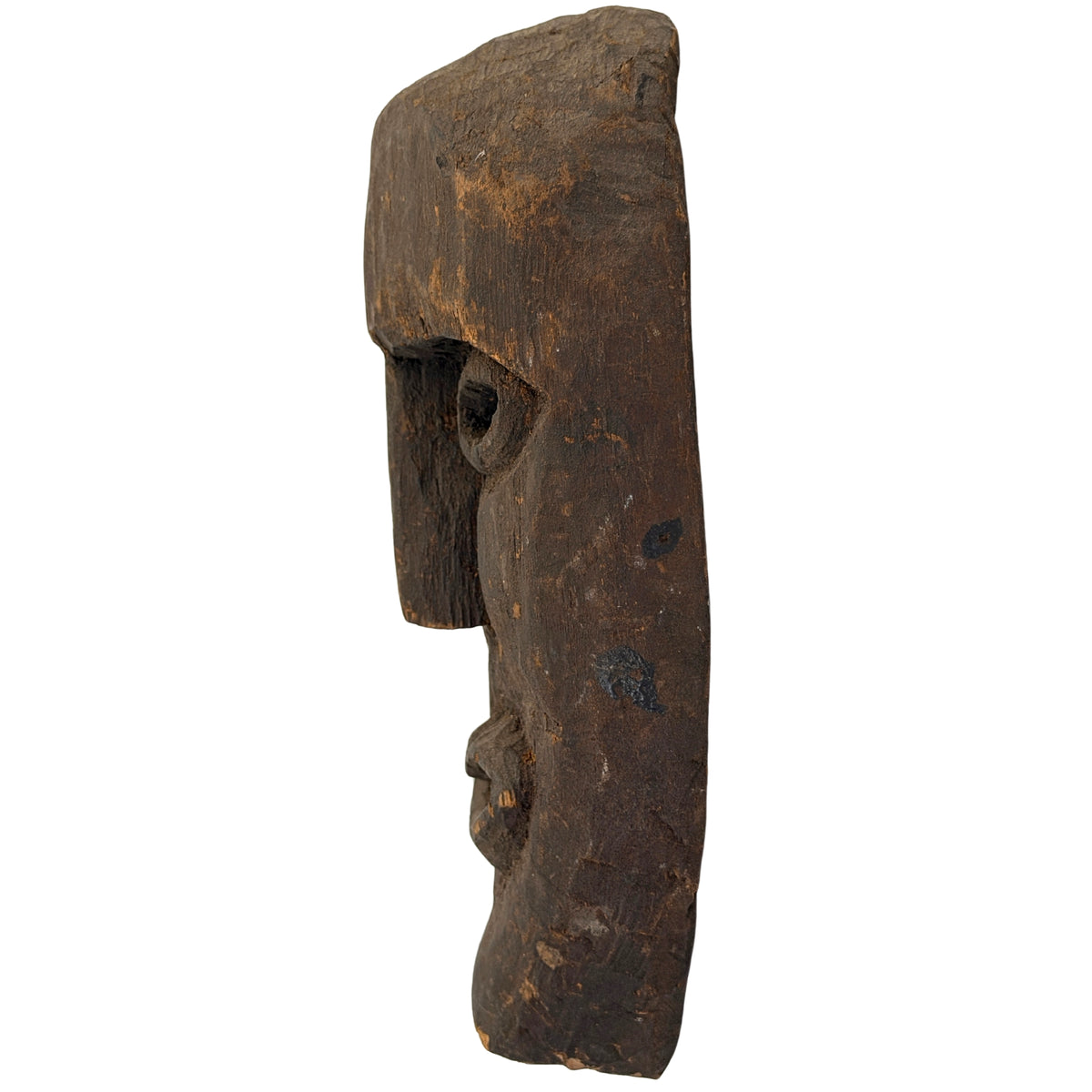 Right side view of the antique Nepalese shamanic mask with long nose