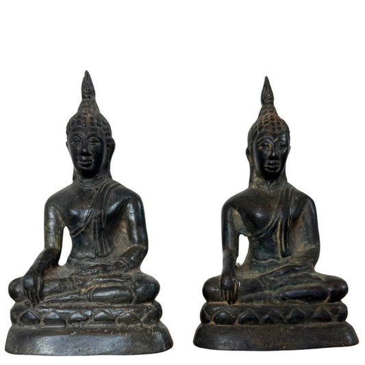 Antikes Paar thailändischer Buddha-Statuen aus Bronze, 19. Jahrhundert, Bronze