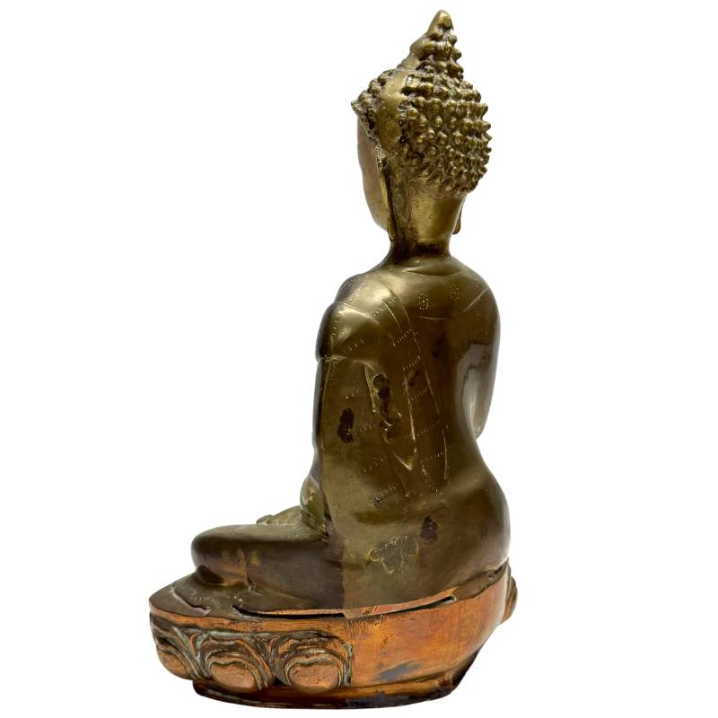 Antike sino-tibetische Buddha-Statue aus Bronze mit Bhumisparsha-Mudra (spirituelles Bild)