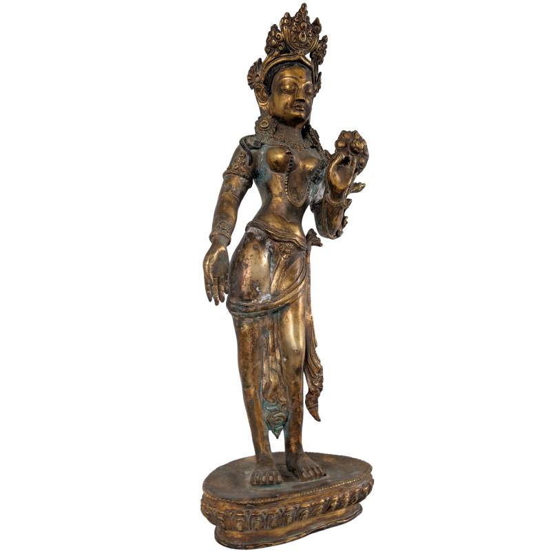 Antike Tara-Statue, Nepal, feuervergoldete Bronze mit Utpala-Lotus-Varada-Mudra, selten und wertvoll