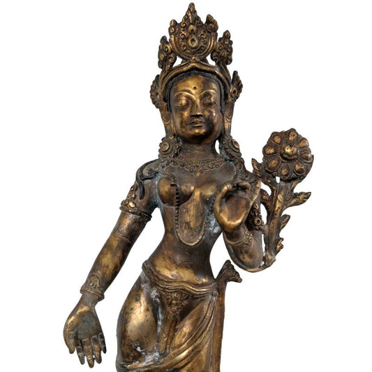 Antike Tara-Bronzefigur aus Nepal, vergoldet (Ormolu), Sammlerstück mit Utpala-Lotus-Varada-Mudra