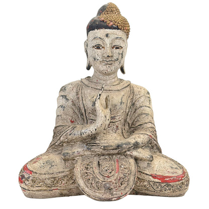 Antiker handgeschnitzter Teakholz‑Jambupati Buddha aus dem 18. Jahrhundert, Ava‑Periode, mit original weißer Gesso‑Haut.