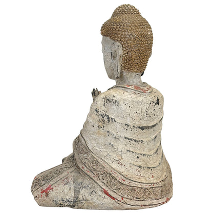 Detail des Kopfes des Buddha mit asymmetrischer Erosion auf dem Usnisha, Schädelknöpfe und Reste der königlichen Krone