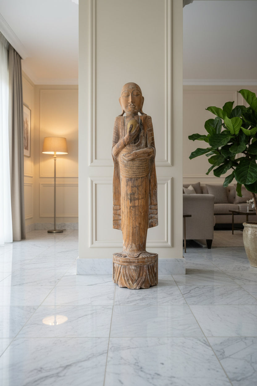 Monumentale antike teakholzgefertigte Medizin‑Arhat‑Statue aus dem 18. Jahrhundert, Ava‑Periode im rohen Wabi‑Sabi‑Stil