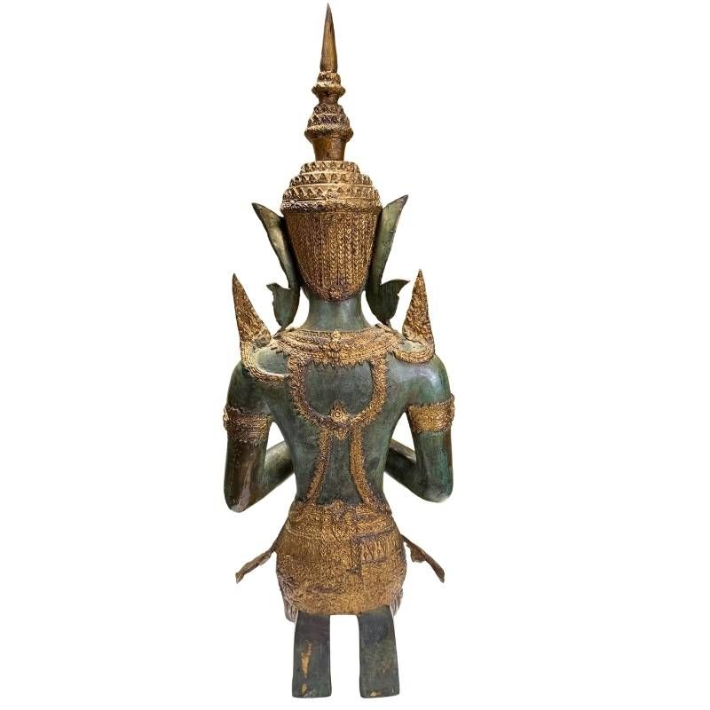 Kniendes Paar thailändischer Tempelwächter aus Bronze mit authentischer Patina