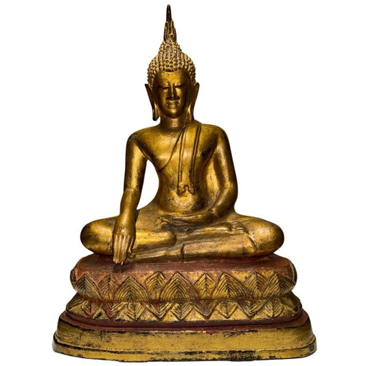 Antike thailändische Rattanakosin-Buddha-Statue aus schwerer Bronze mit alter Vergoldung und spiritueller Ausstrahlung
