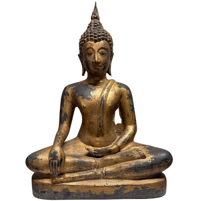 Antike thailändische Buddha-Statue aus Bronze mit Vergoldungsresten