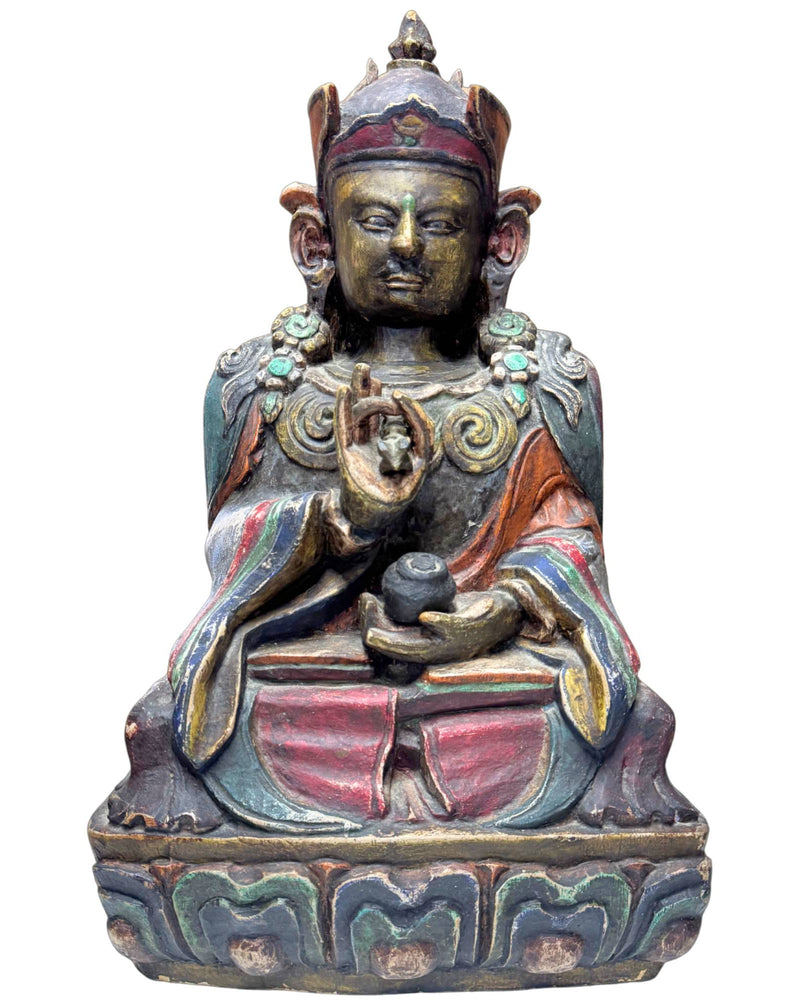 Seltene polychrome Holzskulptur des 17. Jahrhunderts von Karma Pakshi (2. Karmapa) – 44 cm – Weihe intakt