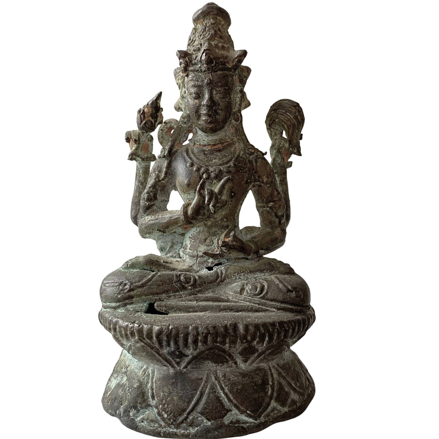 Antike tibetische Bronzestatue des Avalokiteshvara mit vier Armen und der Anjali-Mudra-Handgeste
