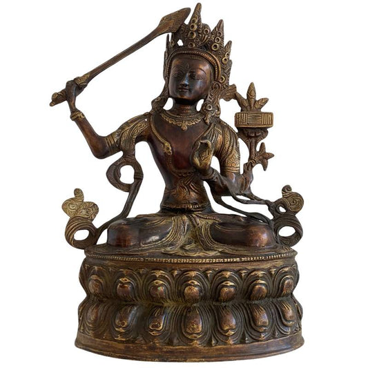 Antike tibetische Manjushri-Statue aus Bronze mit Restvergoldung