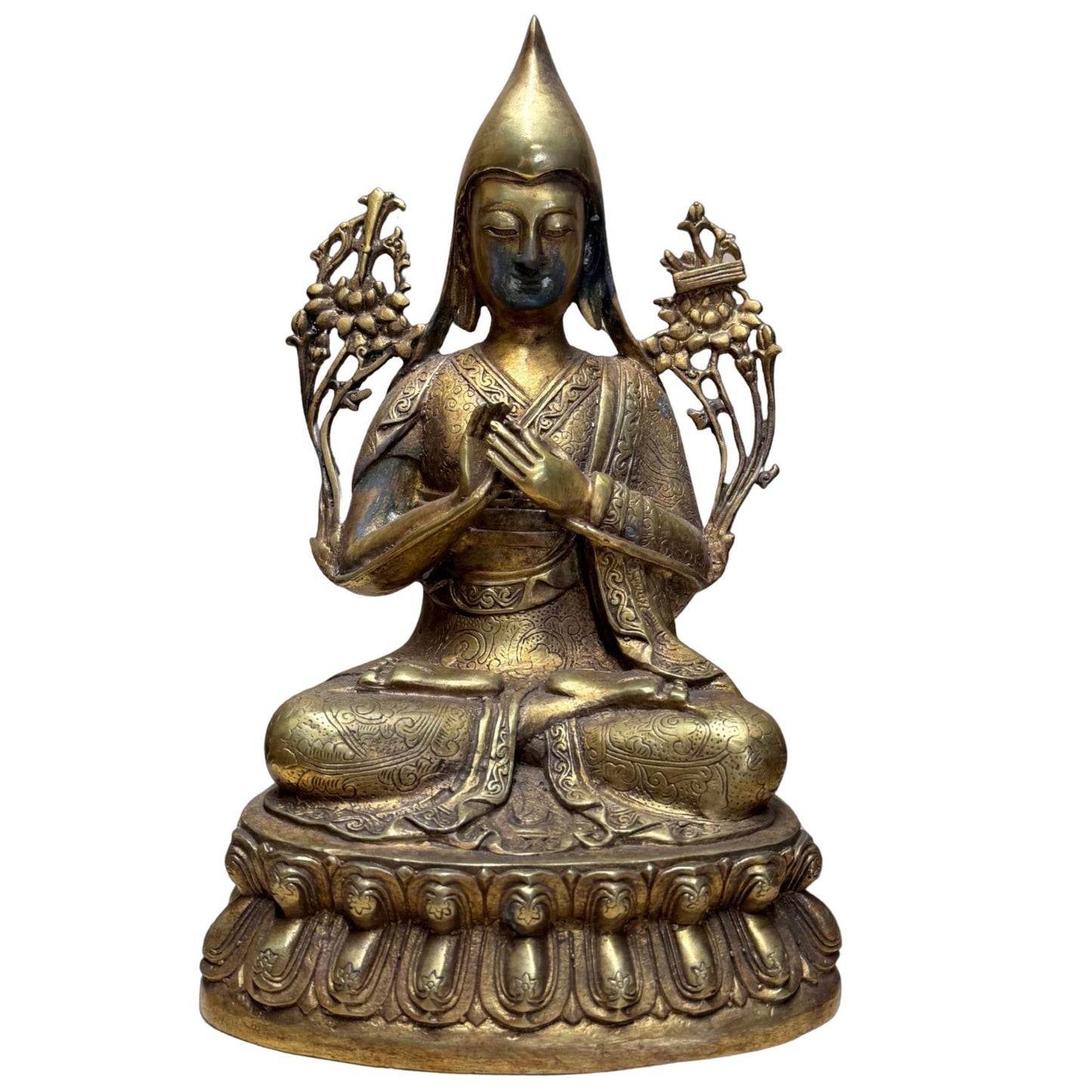 Antike tibetische Bronzestatue von Tsongkhapa, 28 cm hoch.