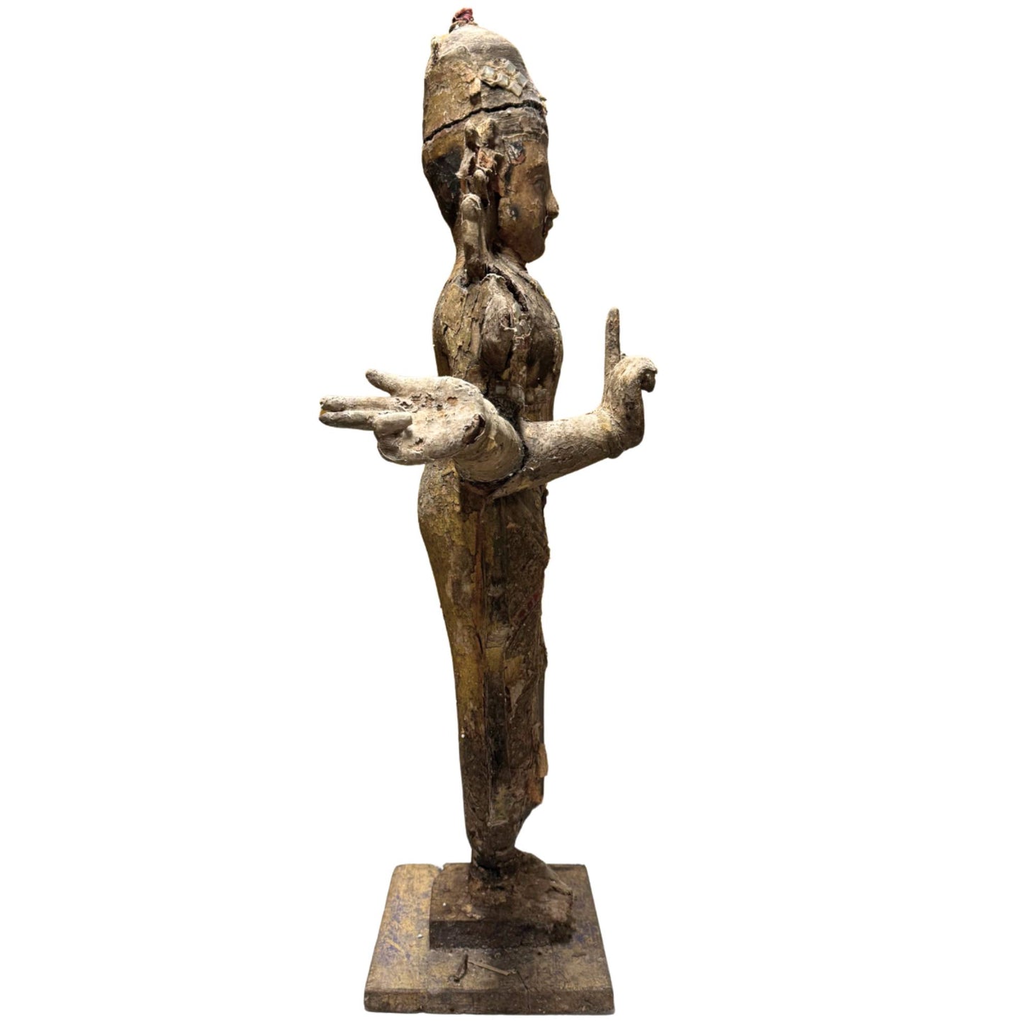 Antike südindische Tempelstatue aus Holz mit originaler Verwitterung und sakralem Erscheinungsbild