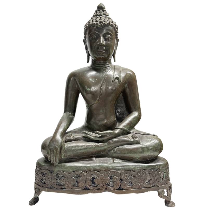 Monumentaler bronzegossener Shakyamuni Buddha aus dem 19. Jahrhundert auf durchbrochenem Altarthron – Lanna / tibetischer Stil (52 cm) - Thailändische Buddha Statue