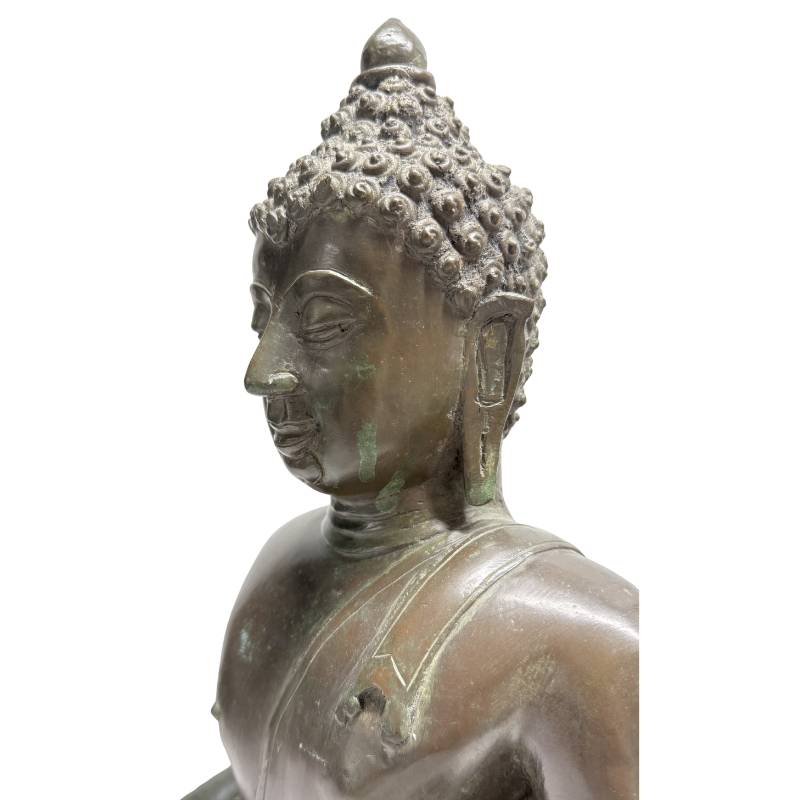 Nahaufnahme des linken Profils der Buddha-Büste mit den fein ausgearbeiteten Spiralen und dem gestalteten Ushnisha.