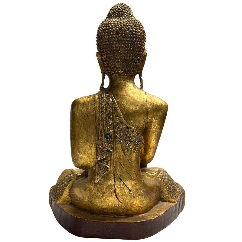 Die vollständige Rückansicht des antiken Buddha von Mandalay zeigt die makellose Rückseite des Gewandes und die strukturelle Integrität.