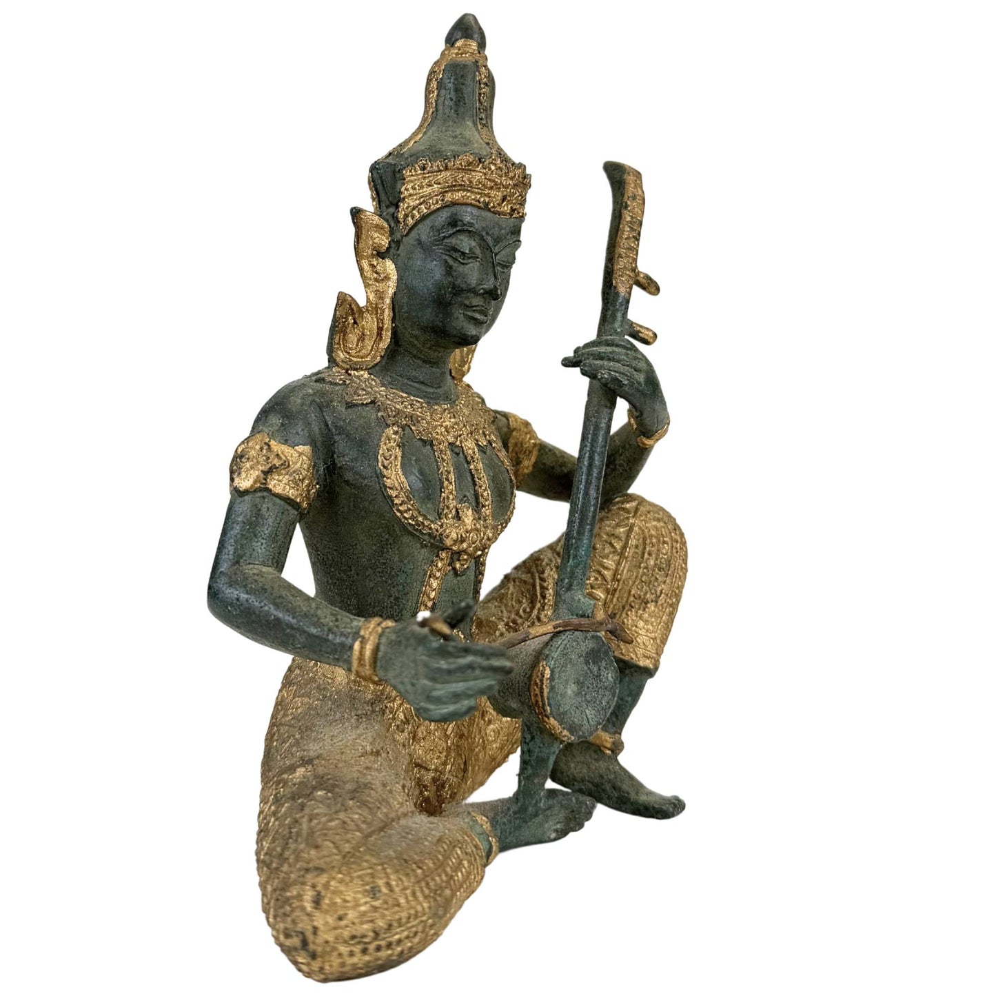 Antike asiatische Kunststatue aus Bronze mit thailändischem Saiteninstrument