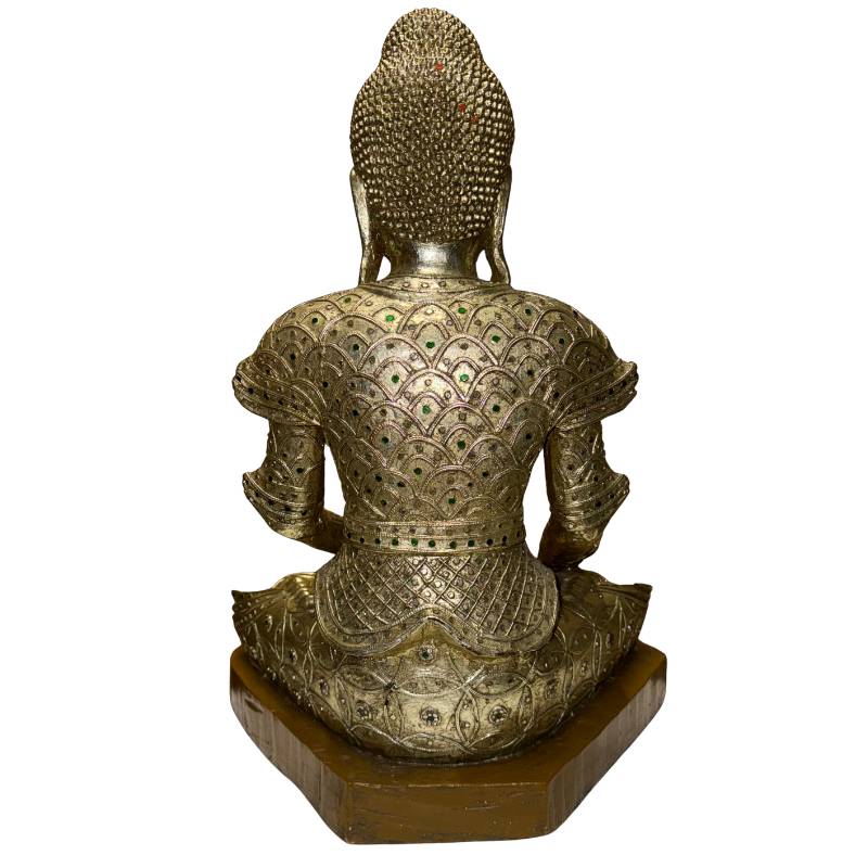 Antiker burmesischer Buddha mit Glasdekoration, Vergoldung und spiritueller Ausstrahlung