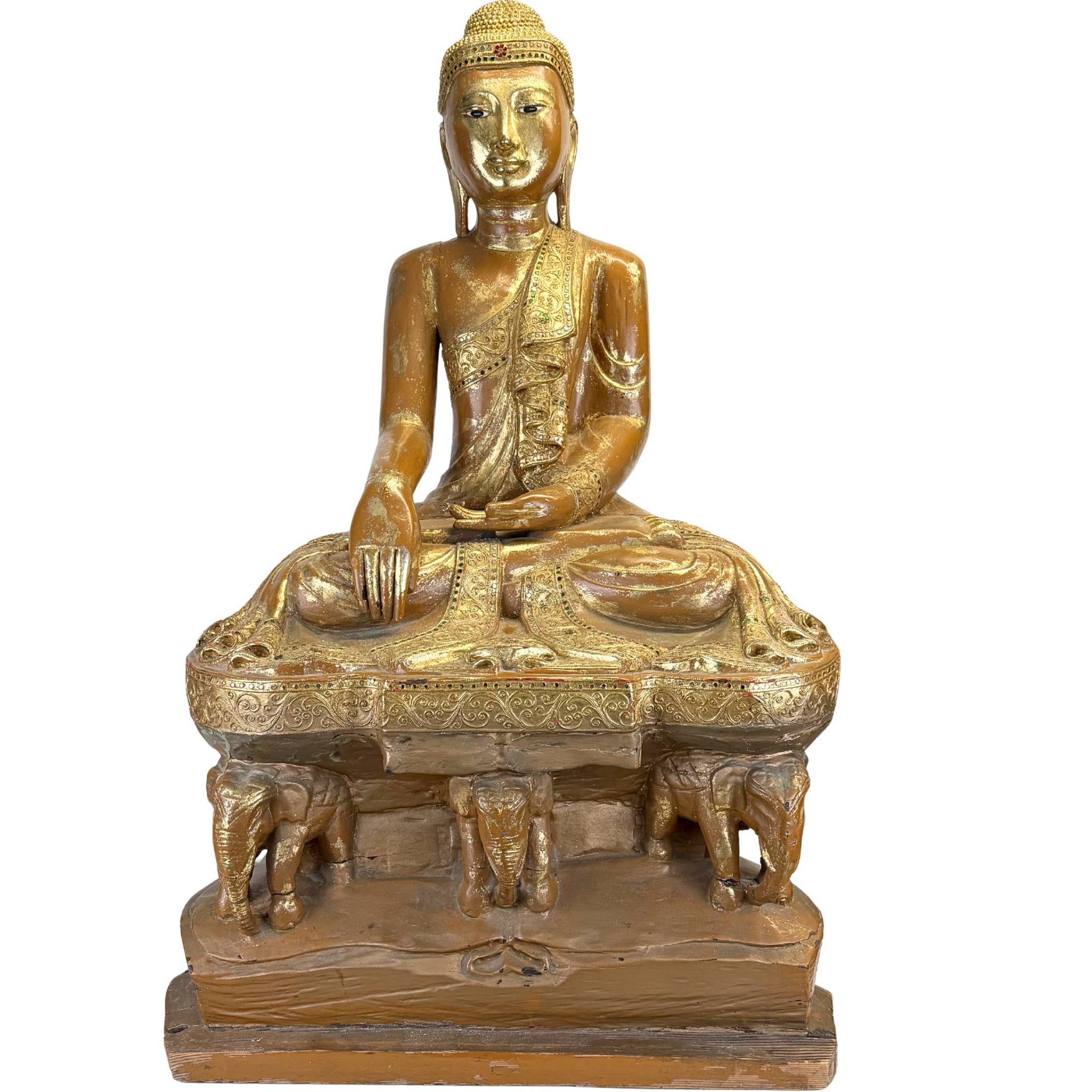 Antiker burmesischer Buddha mit Goldlackierung, eingelegtem Zierband und fein gearbeiteter Haarstruktur, groß im alten Stil.