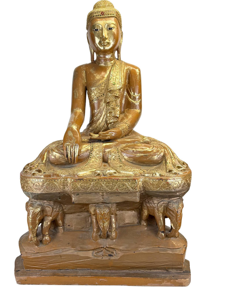 95 cm große monumentale Holzstatue Buddha Burma | 32 kg | eingelegte Augen