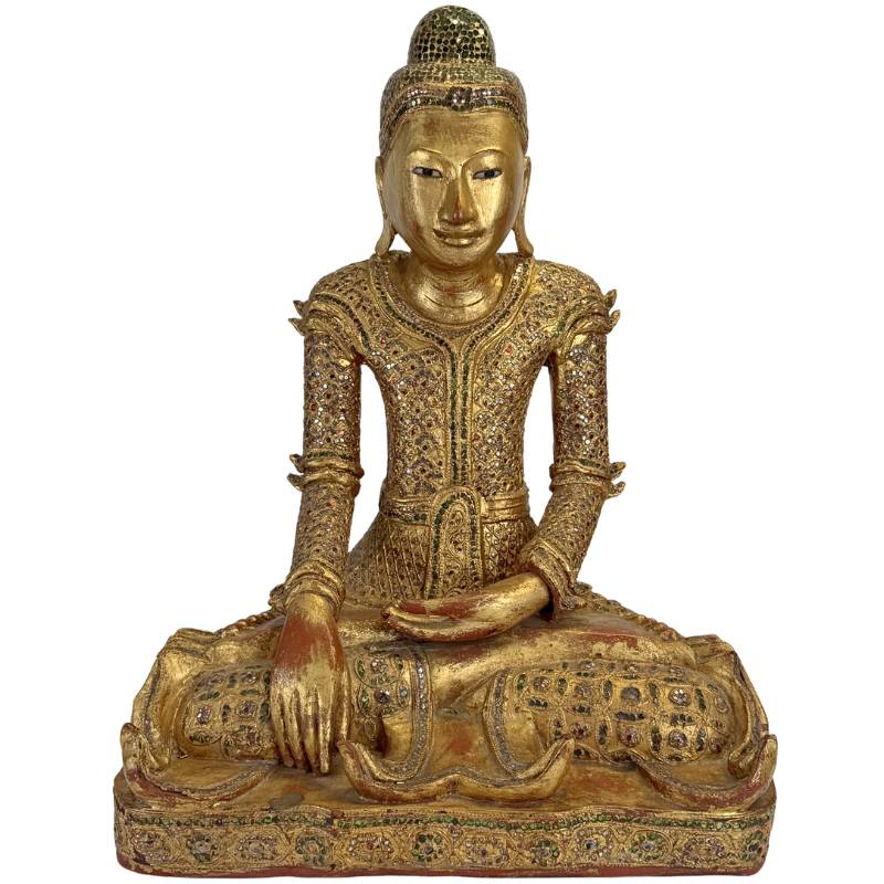 Antike burmesische Buddha-Statue aus Holz mit vergoldeten Glaseinlagen, authentisch, Myanmar, 19. Jahrhundert