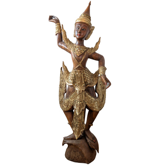 Große, handgeschnitzte burmesische Kinnara-Skulptur, 112 cm hoch.