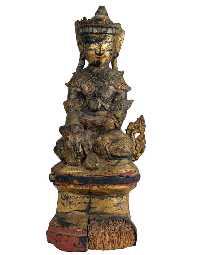 Antiker birmanischer Nat-Geist – Vergoldete Holztempelstatue, Myanmar, ca. 1900