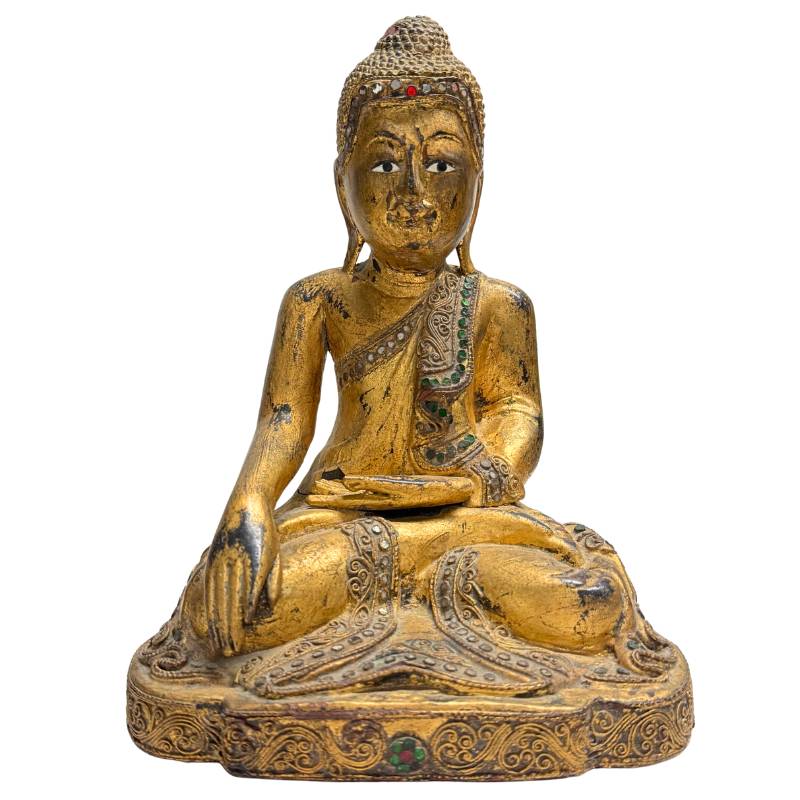 Exklusiver antiker burmesischer Teakholz-Mandalay-Buddha in Bhumisparsha-Mudra, hochwertige sakrale Kunst und asiatische Antiquitäten für ein luxuriöses Interieur.