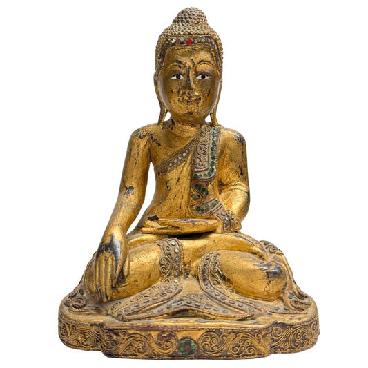 Exklusiver antiker burmesischer Teakholz-Mandalay-Buddha in Bhumisparsha-Mudra, hochwertige sakrale Kunst und asiatische Antiquitäten für ein luxuriöses Interieur.