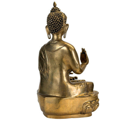 Schräger Rückansicht der antiken bronzenen Shakyamuni Buddha