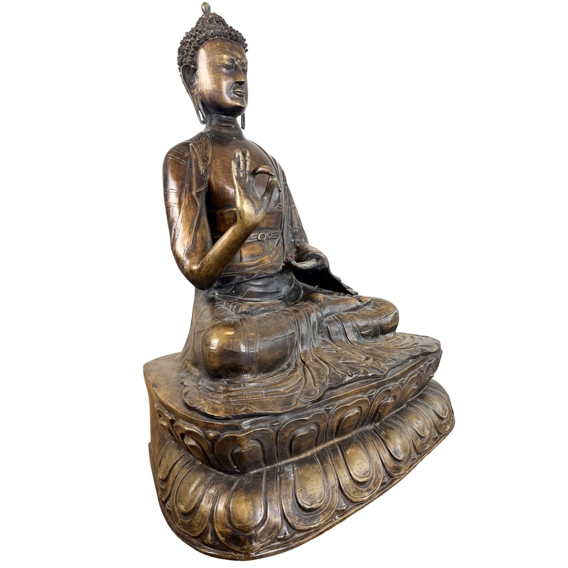 Antiker Buddha aus Bronze auf einem doppelten Lotussockel mit handgefertigter Oberfläche
