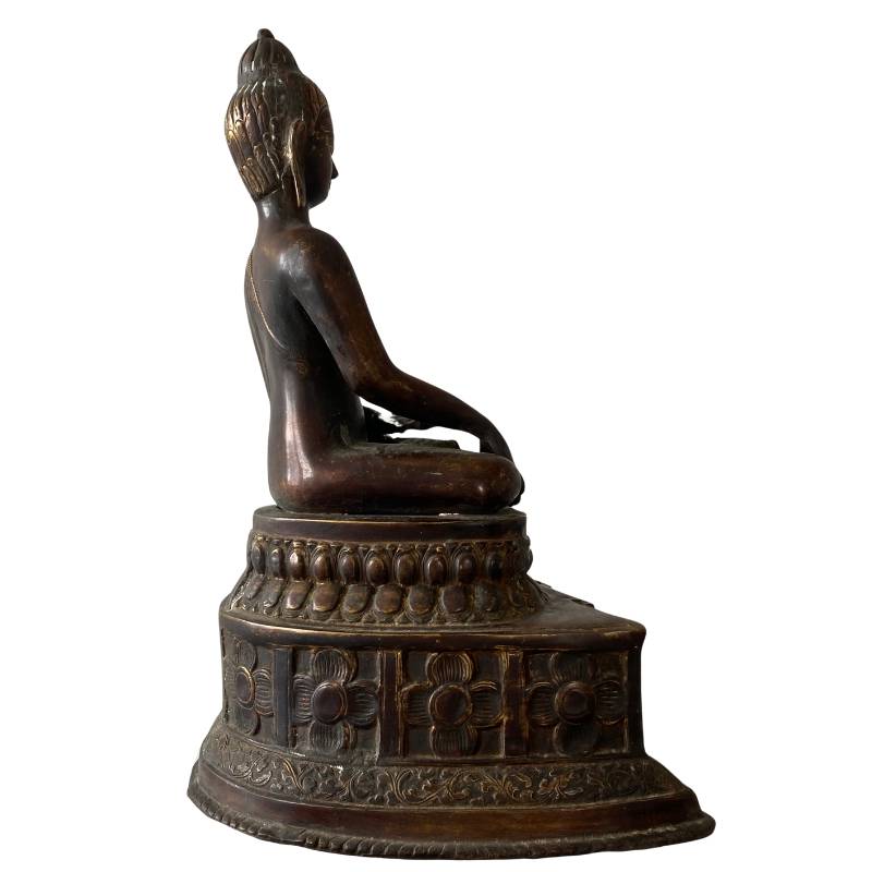Antike Buddha-Statue aus Bronze aus dem Himalaya mit geschichteter Patina und Mineralisierung, Dhyana Mudra