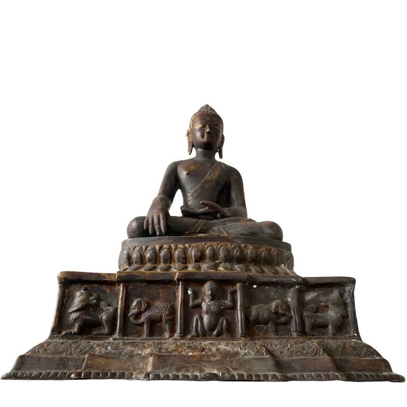 Antike Buddha-Statue aus Bronze aus dem Himalaya mit Vergoldungsresten, Mustang, Nepal