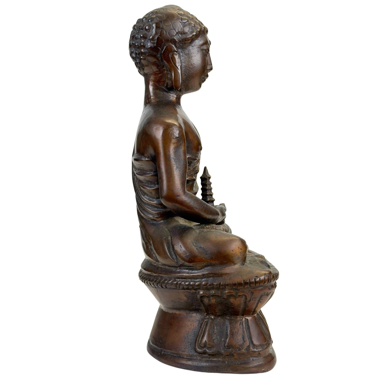 Antike Buddha-Figur aus Bronze mit pagodenförmigem Attribut, 28 cm hoch und 4,2 kg schwer