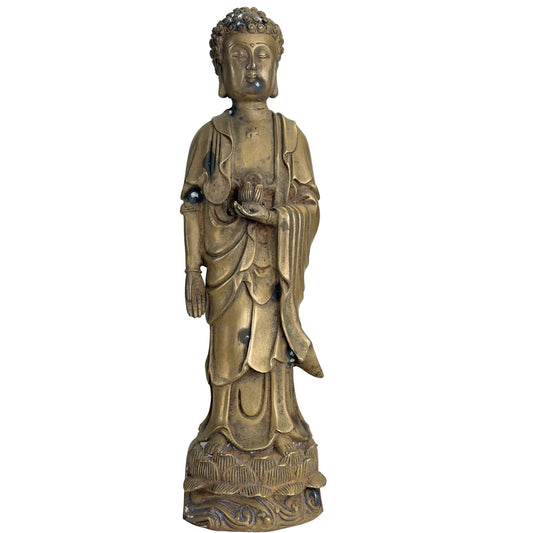 Antike Amitabha-Buddha-Statue aus Bronze mit Lotusknospe und Qing-Marke, chinesische Buddha-Statue mit goldbrauner Patina