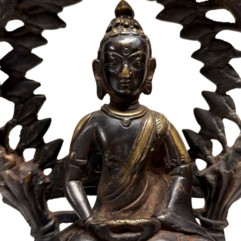 Antike Buddha-Statue aus Bronze aus dem Himalaya mit Feuervergoldung und Heiligenschein
