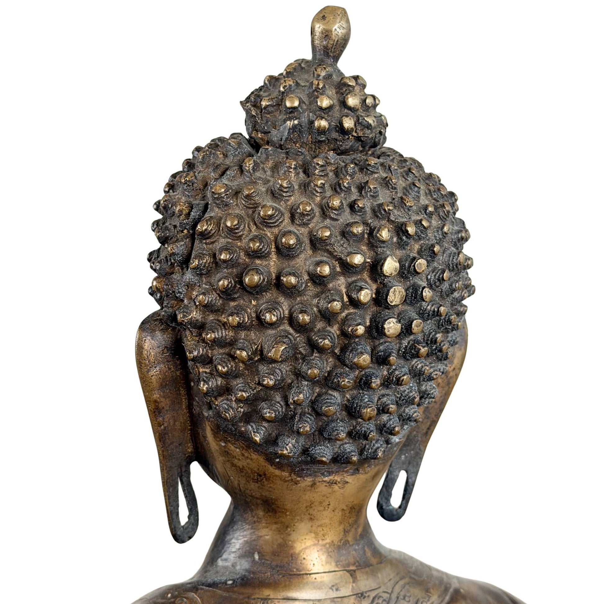 Antike Buddha-Statue aus Bronze für ein spirituelles Interieur, einen Meditationsraum oder einen Altar mit alter Feuervergoldung und friedvoller Ausstrahlung.